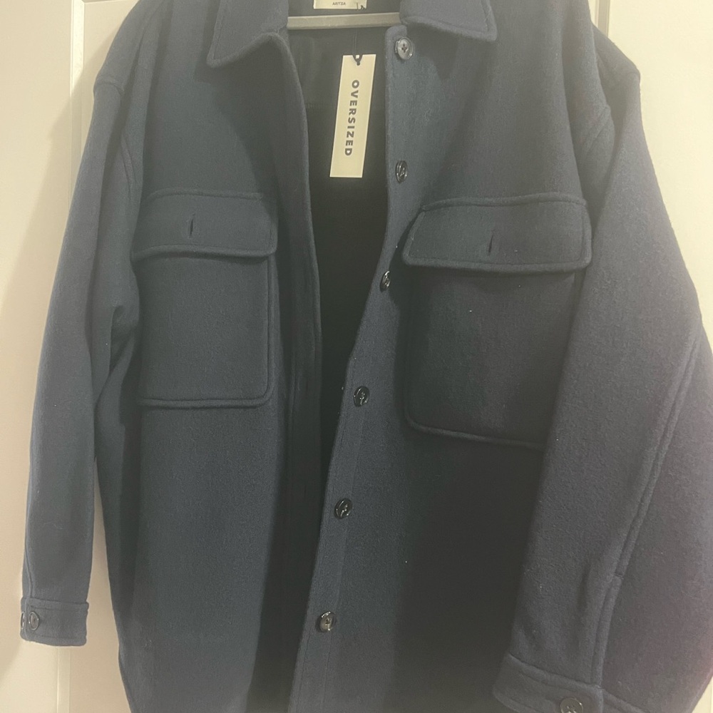 Wilfred Oversized Navy Shirt Jacket with Flap Pockets